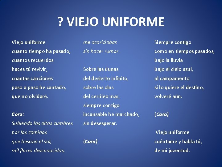 ? VIEJO UNIFORME Viejo uniforme me acariciaban Siempre contigo cuanto tiempo ha pasado, sin