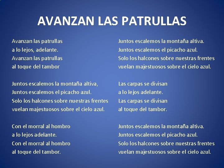 AVANZAN LAS PATRULLAS Avanzan las patrullas a lo lejos, adelante. Avanzan las patrullas al