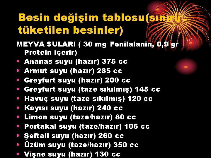 Besin değişim tablosu(sınırlı tüketilen besinler) MEYVA SULARI ( 30 mg Fenilalanin, 0, 9 gr