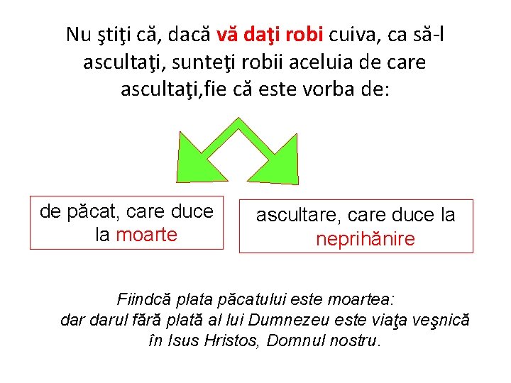 Nu ştiţi că, dacă vă daţi robi cuiva, ca să-l ascultaţi, sunteţi robii aceluia