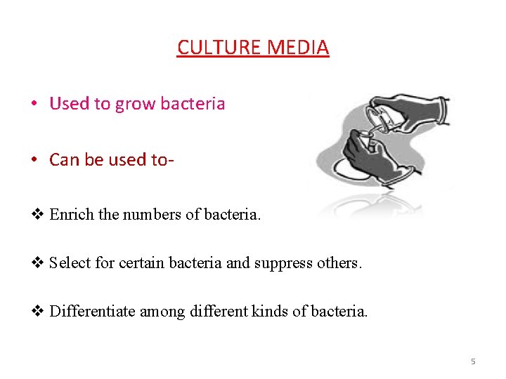 CULTURE MEDIA • Used to grow bacteria • Can be used tov Enrich the