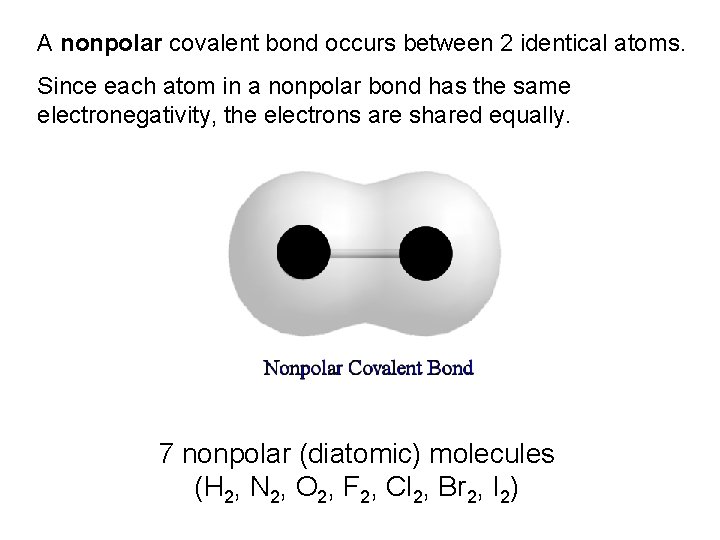 A nonpolar covalent bond occurs between 2 identical atoms. Since each atom in a