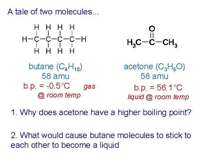 A tale of two molecules… butane (C 4 H 10) 58 amu b. p.