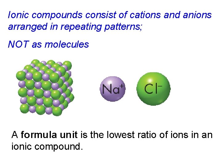 Ionic compounds consist of cations and anions arranged in repeating patterns; NOT as molecules