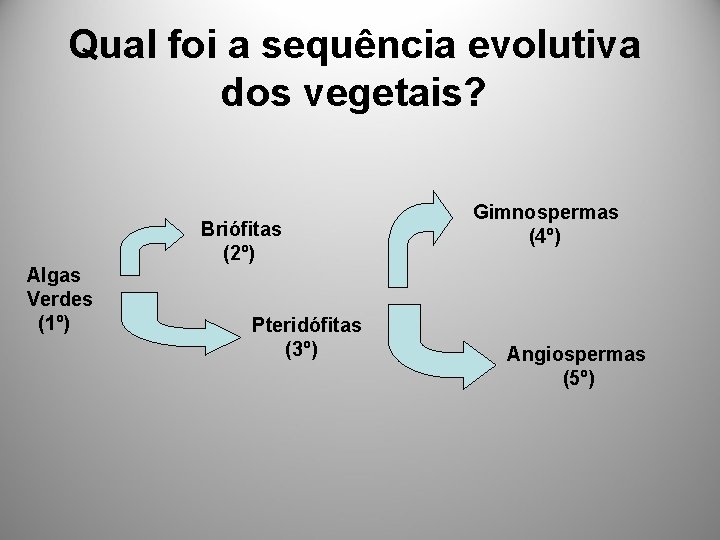 Qual foi a sequência evolutiva dos vegetais? Algas Verdes (1º) Briófitas (2º) Pteridófitas (3º)