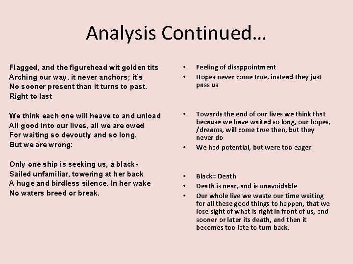 Analysis Continued… Flagged, and the figurehead wit golden tits Arching our way, it never