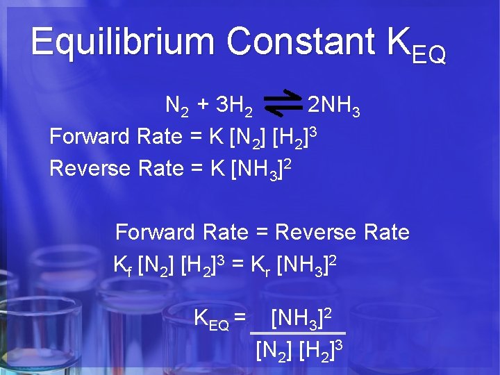 Equilibrium Constant KEQ N 2 + 3 H 2 2 NH 3 Forward Rate