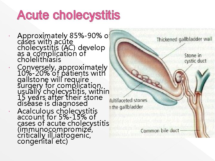 Acute cholecystitis Approximately 85%-90% of cases with acute cholecystitis (AC) develop as a complication