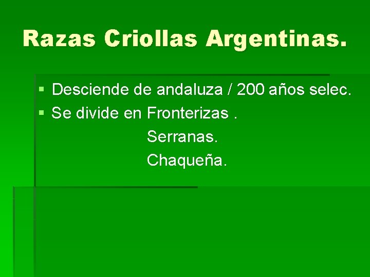 Razas Criollas Argentinas. § Desciende de andaluza / 200 años selec. § Se divide