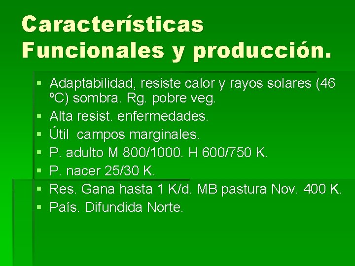 Características Funcionales y producción. § Adaptabilidad, resiste calor y rayos solares (46 ºC) sombra.