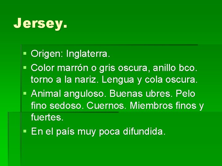 Jersey. § Origen: Inglaterra. § Color marrón o gris oscura, anillo bco. torno a