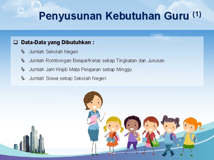 Penyusunan Kebutuhan Guru (1) q Data-Data yang Dibutuhkan : Ä Jumlah Sekolah Negeri Ä