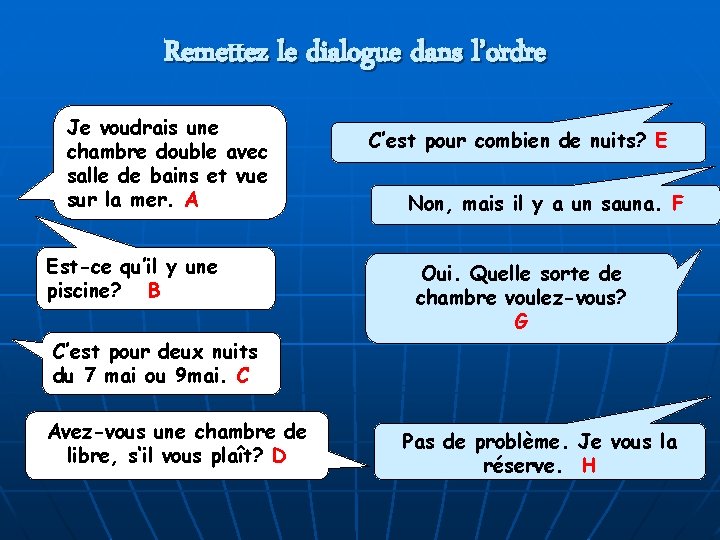 Remettez le dialogue dans l’ordre Je voudrais une chambre double avec salle de bains