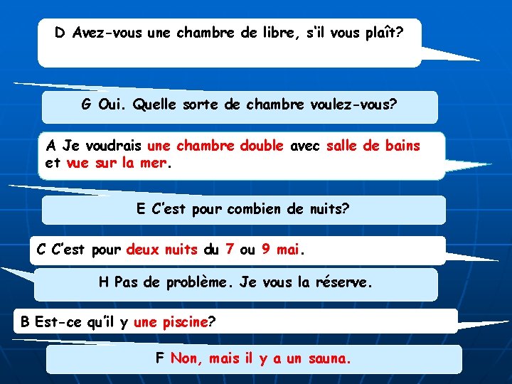 D Avez-vous une chambre de libre, s‘il vous plaît? G Oui. Quelle sorte de