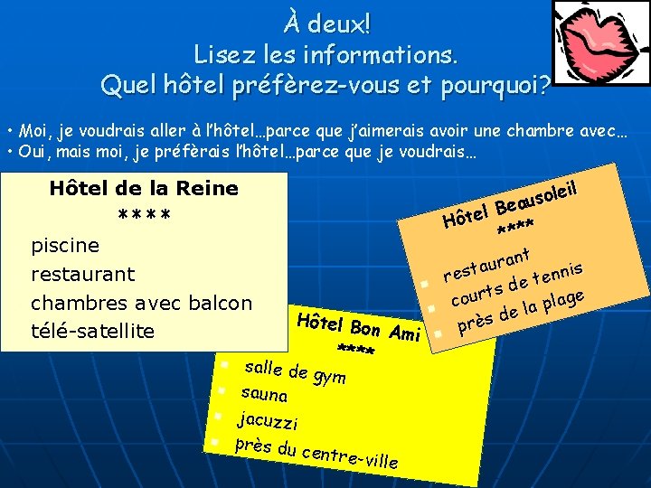 À deux! Lisez les informations. Quel hôtel préfèrez-vous et pourquoi? • Moi, je voudrais