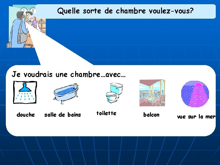 Quelle sorte de chambre voulez-vous? Je voudrais une chambre…avec… douche salle de bains toilette