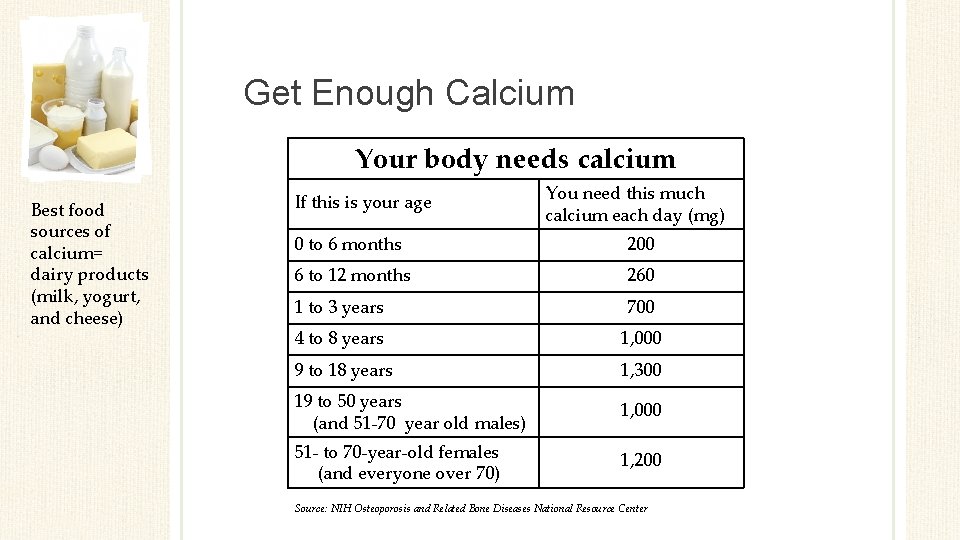 Get Enough Calcium Your body needs calcium Best food sources of calcium= dairy products