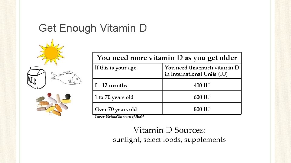 Get Enough Vitamin D You need more vitamin D as you get older If