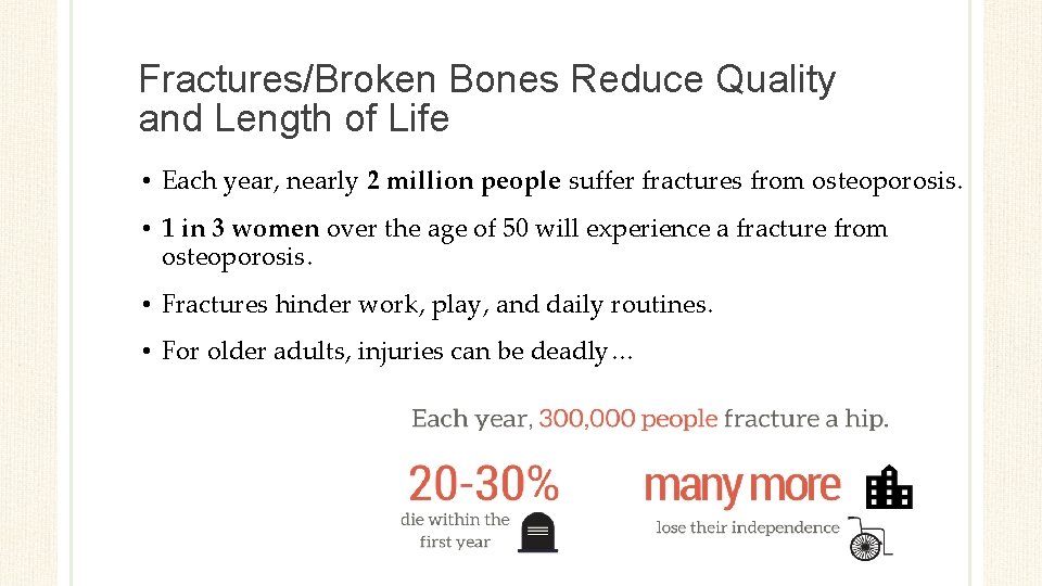 Fractures/Broken Bones Reduce Quality and Length of Life • Each year, nearly 2 million