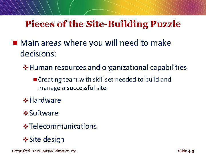 Pieces of the Site-Building Puzzle n Main areas where you will need to make