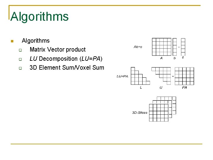 Algorithms Matrix Vector product LU Decomposition (LU=PA) 3 D Element Sum/Voxel Sum 