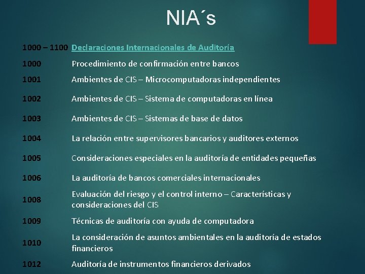 NIA´s 1000 – 1100 Declaraciones Internacionales de Auditoría 1000 Procedimiento de confirmación entre bancos