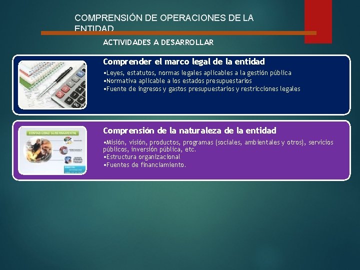 COMPRENSIÓN DE OPERACIONES DE LA ENTIDAD ACTIVIDADES A DESARROLLAR Comprender el marco legal de