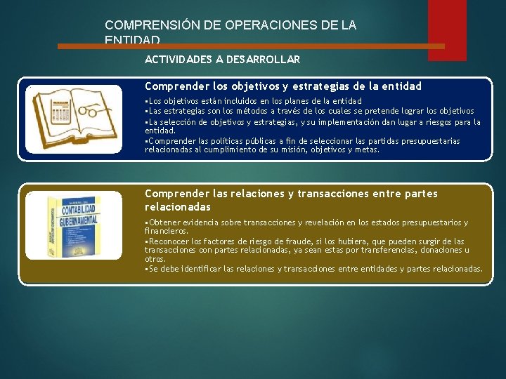 COMPRENSIÓN DE OPERACIONES DE LA ENTIDAD ACTIVIDADES A DESARROLLAR Comprender los objetivos y estrategias