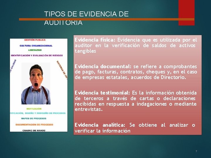 TIPOS DE EVIDENCIA DE AUDITORÍA Evidencia física: Evidencia que es utilizada por el auditor