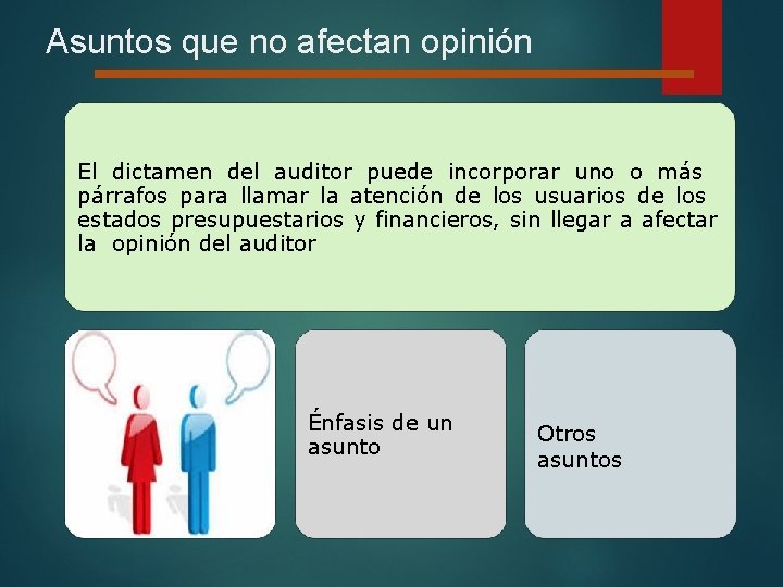 Asuntos que no afectan opinión El dictamen del auditor puede incorporar uno o más
