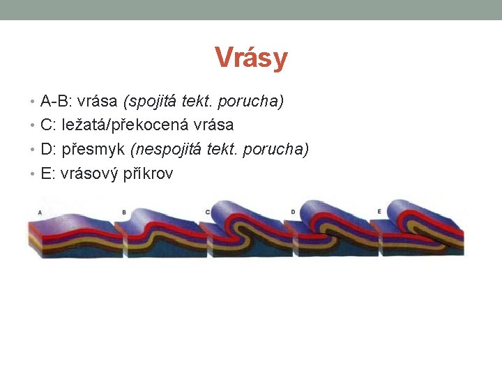 Vrásy • A-B: vrása (spojitá tekt. porucha) • C: ležatá/překocená vrása • D: přesmyk