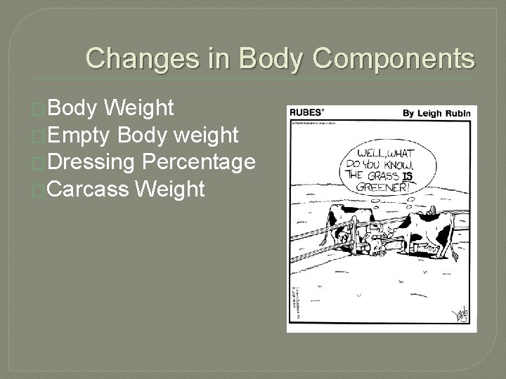 Changes in Body Components �Body Weight �Empty Body weight �Dressing Percentage �Carcass Weight 