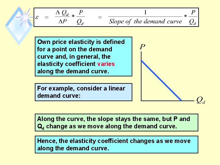 Own price elasticity is defined for a point on the demand curve and, in
