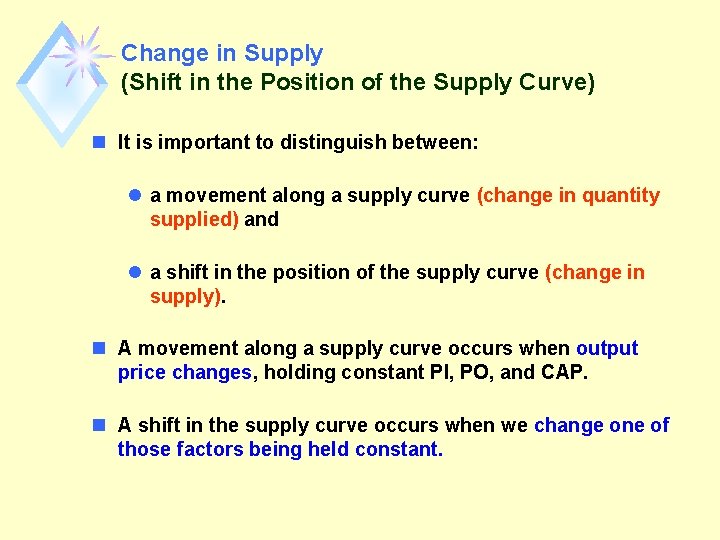 Change in Supply (Shift in the Position of the Supply Curve) n It is
