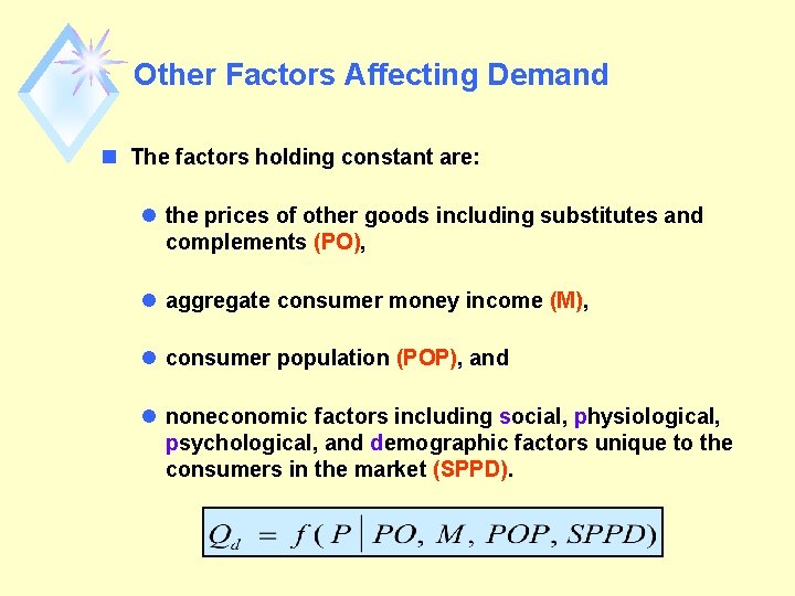 Other Factors Affecting Demand n The factors holding constant are: l the prices of