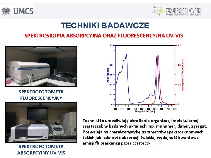 TECHNIKI BADAWCZE SPEKTROSKOPIA ABSORPCYJNA ORAZ FLUORESCENCYJNA UV-VIS SPEKTROFOTOMETR FLUORESCENCYJNY SPEKTROFOTOMETR ABSORPCYJNY UV-VIS Techniki te