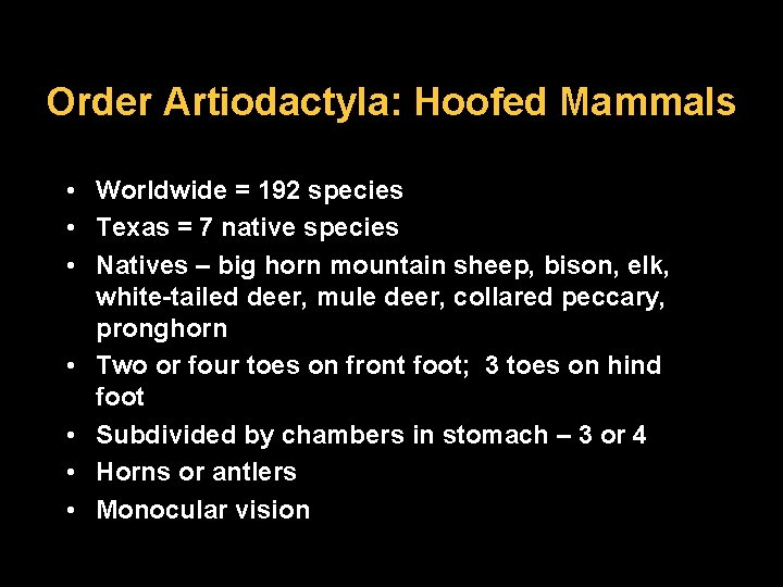 Order Artiodactyla: Hoofed Mammals • Worldwide = 192 species • Texas = 7 native