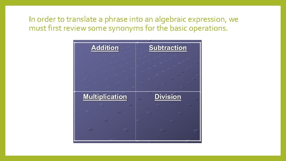In order to translate a phrase into an algebraic expression, we must first review