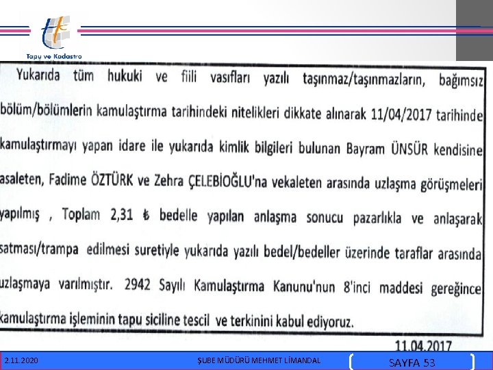  i) 2. 11. 2020 ŞUBE MÜDÜRÜ MEHMET LİMANDAL SAYFA 53 