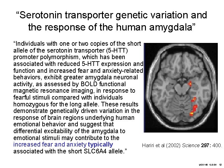 “Serotonin transporter genetic variation and the response of the human amygdala” “Individuals with one