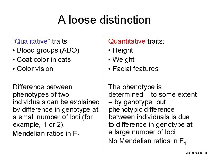 A loose distinction “Qualitative” traits: • Blood groups (ABO) • Coat color in cats