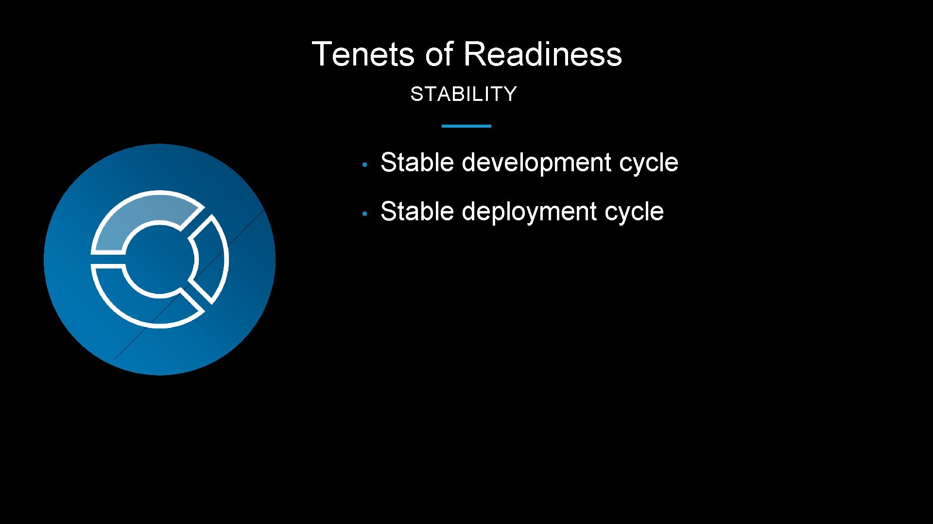 Tenets of Readiness STABILITY • Stable development cycle • Stable deployment cycle 