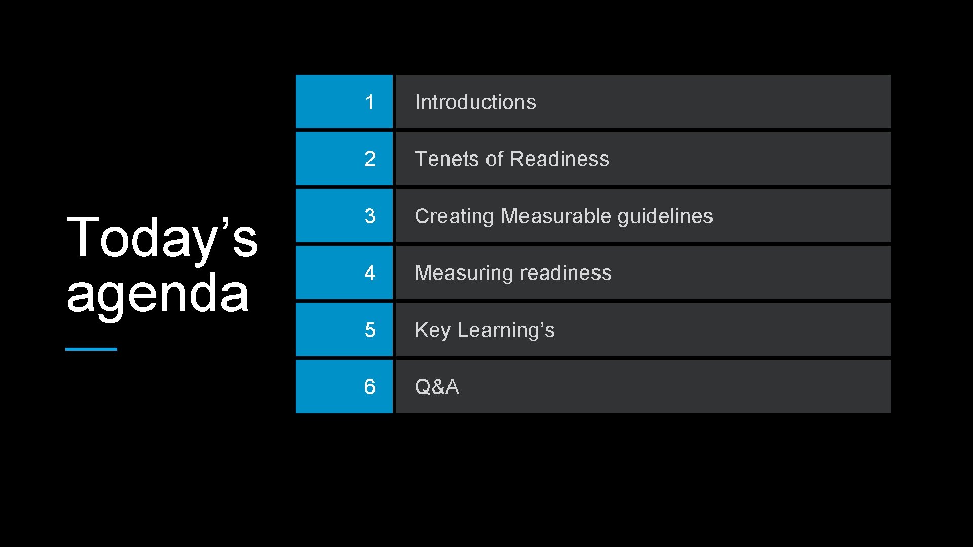 Today’s agenda 1 Introductions 2 Tenets of Readiness 3 Creating Measurable guidelines 4 Measuring