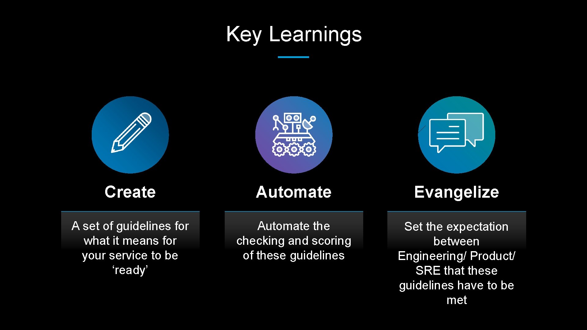 Key Learnings Create Automate Evangelize A set of guidelines for what it means for
