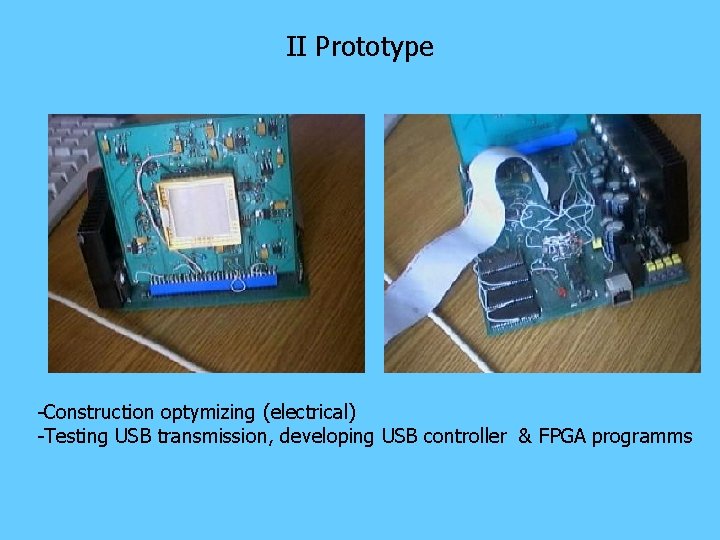 II Prototype -Construction optymizing (electrical) -Testing USB transmission, developing USB controller & FPGA programms