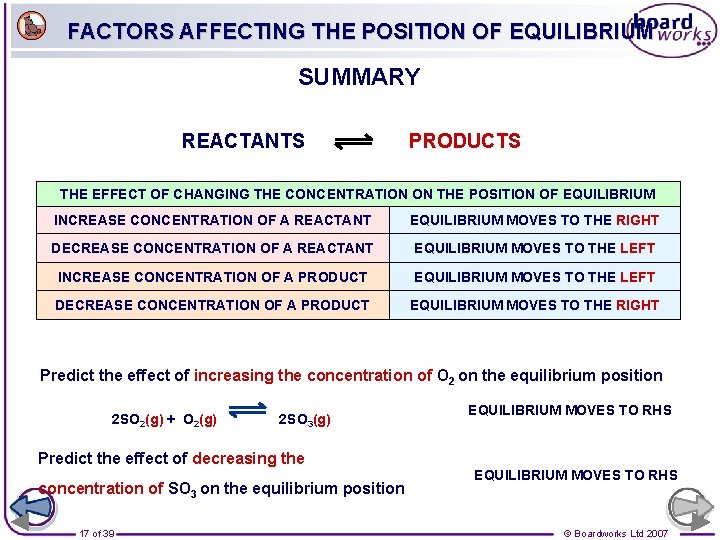 FACTORS AFFECTING THE POSITION OF EQUILIBRIUM SUMMARY REACTANTS PRODUCTS THE EFFECT OF CHANGING THE