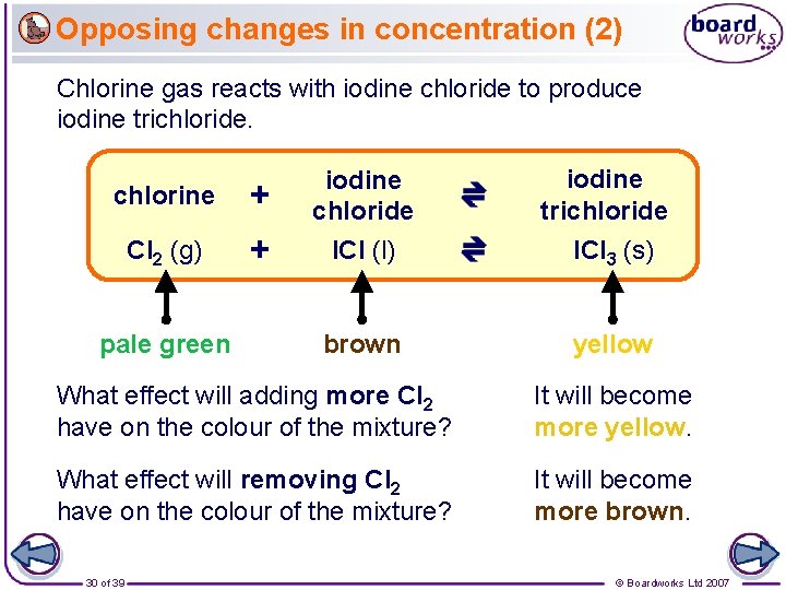 Opposing changes in concentration (2) Chlorine gas reacts with iodine chloride to produce iodine