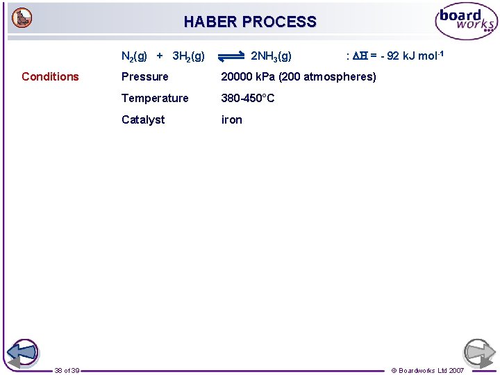 HABER PROCESS N 2(g) + 3 H 2(g) Conditions 38 of 39 2 NH