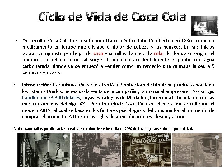 Ciclo de Vida de Coca Cola • Desarrollo: Coca Cola fue creado por el