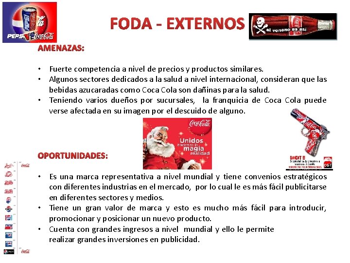 FODA - EXTERNOS AMENAZAS: • Fuerte competencia a nivel de precios y productos similares.